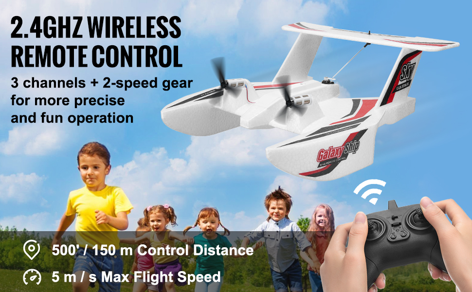2.4ghz wireless remote-controlled VEVOR rc airplane, 500'/150m range, 5m/s speed, kids playing outdoors.