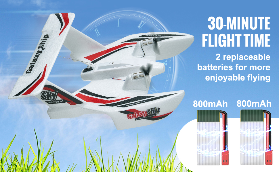 VEVOR rc airplane with 30-minute flight time, featuring 2 replaceable 800mah batteries for extended flying.