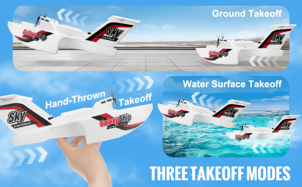 VEVOR rc airplane showcasing three takeoff modes: ground, hand-thrown, and water surface takeoff.