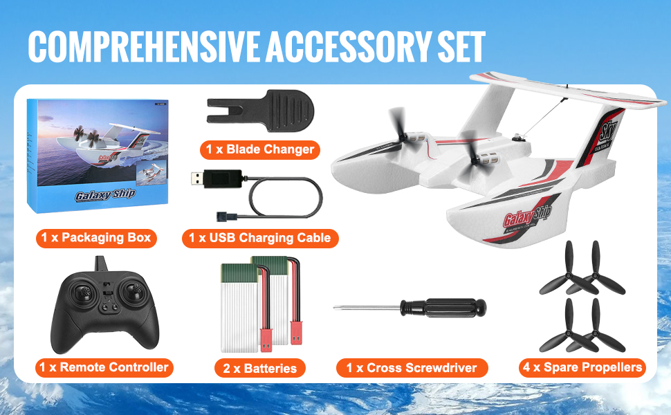 VEVOR rc airplane accessory set with remote controller, batteries, usb charger, propellers, and more.