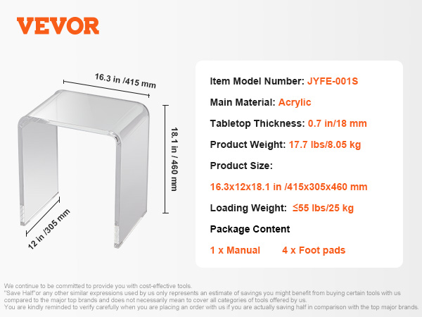 VEVOR akrila galdiņa izmēri 16,3x12x18,1 collas, svars 17,7 lbs, komplektā ietilpst rokasgrāmata un kāju paliktņi.