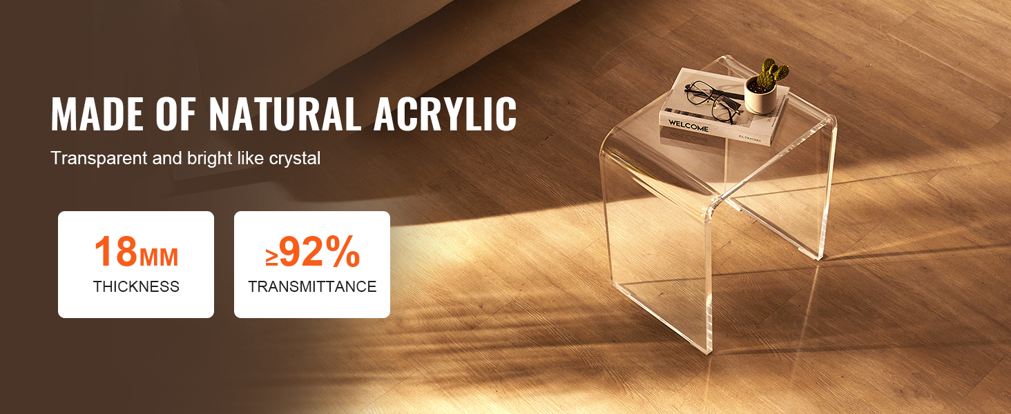 caurspīdīgs VEVOR akrila galds ar 18 mm biezumu un 92% caurlaidību uz koka grīdas.
