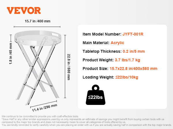 VEVOR acrylic folding tray table, 15.7x22.8 in, 3.7 lbs weight, 22 lbs load capacity.