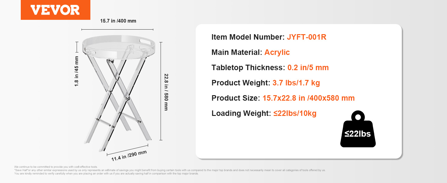 VEVOR acrylic folding tray table, 15.7x22.8 in, 3.7 lbs weight, 22 lbs load capacity.