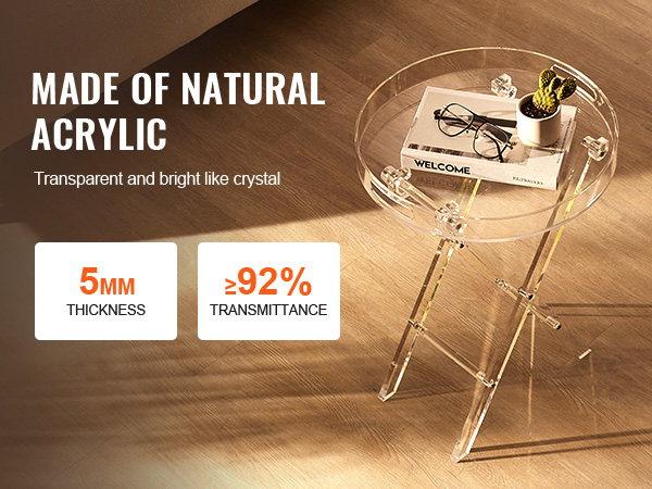 VEVOR acrylic folding tray table, 5mm thickness, over 92% transmittance, transparent and crystal-like.