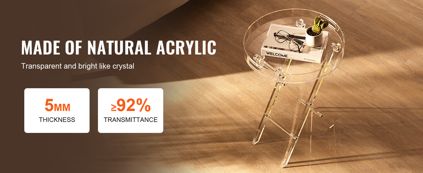 VEVOR acrylic folding tray table, 5mm thickness, over 92% transmittance, transparent and crystal-like.