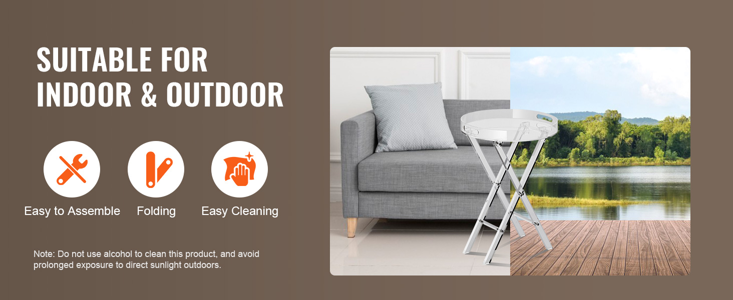 VEVOR acrylic folding tray table, easy to assemble, suitable for indoor and outdoor use.