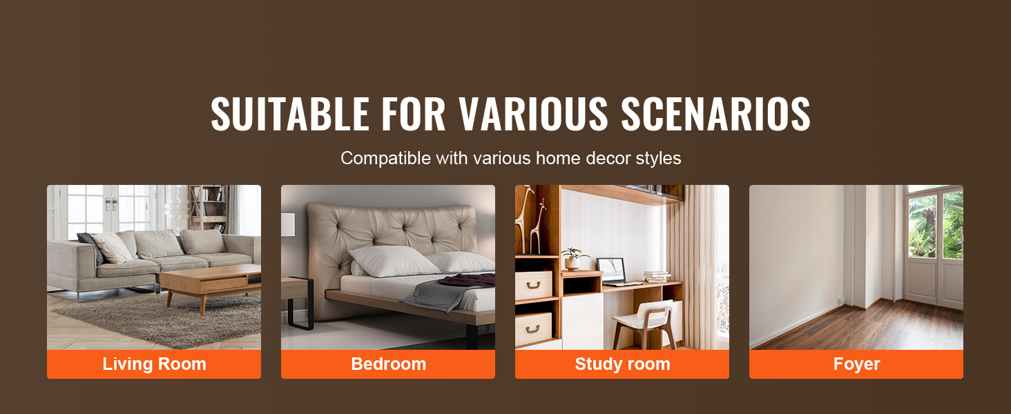 various home decor styles: living room, bedroom, study room, and foyer with VEVOR.