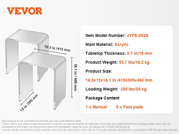 VEVOR akrila galds ar akrila pamatmateriālu, izmēri 16,3x12x18,1 collas un 12x18,1 collas.
