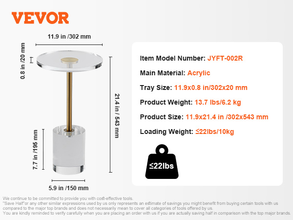 VEVOR acrylic end table: model jyft-002r, 11.9x21.4 in, 13.7 lbs, load capacity 22 lbs.