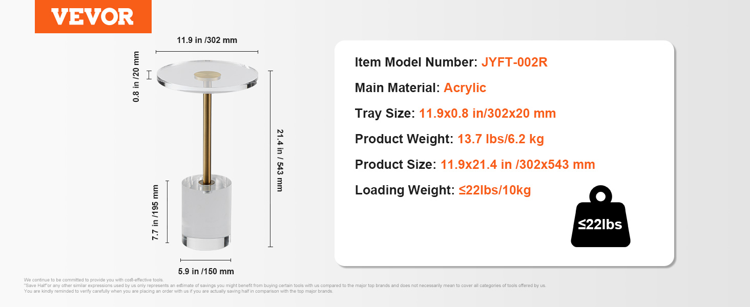 VEVOR acrylic end table: model jyft-002r, 11.9x21.4 in, 13.7 lbs, load capacity 22 lbs.