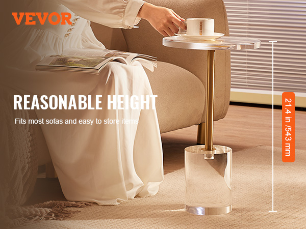 VEVOR acrylic end table beside a sofa with a cup and magazine, ideal for easy item storage.