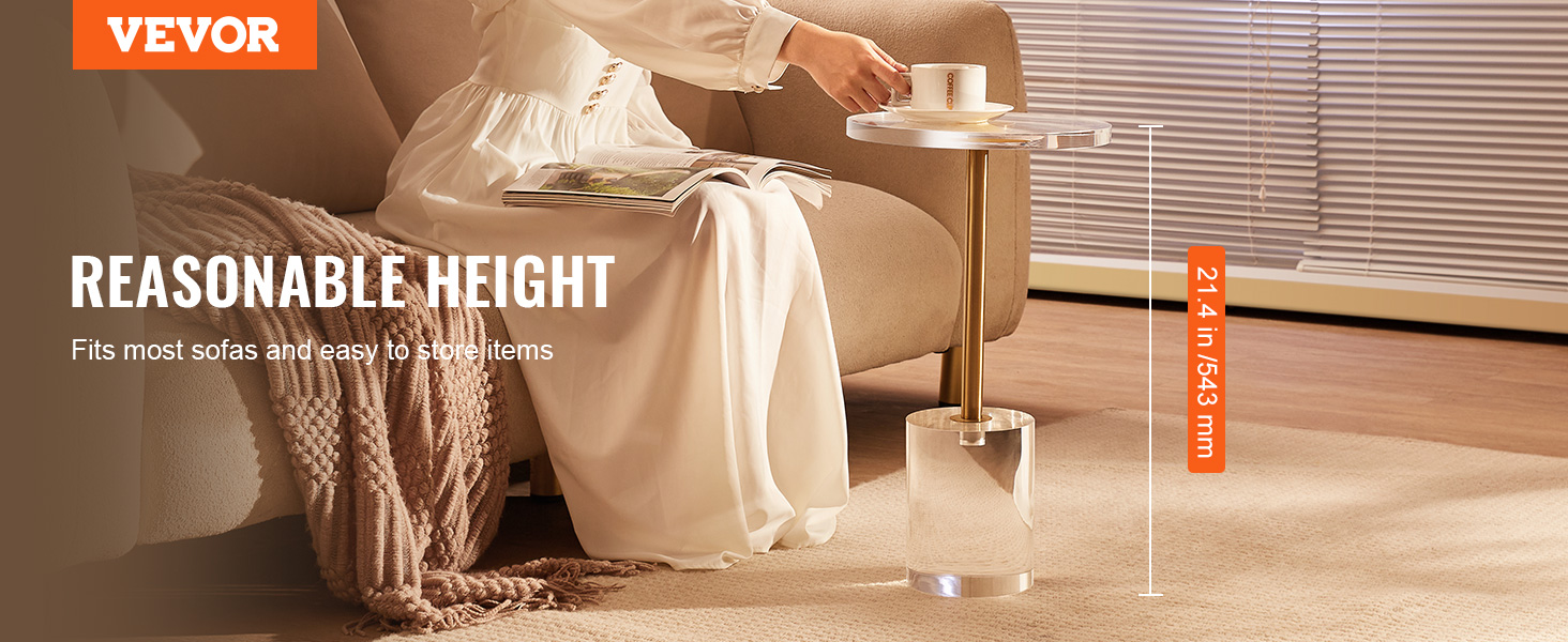 VEVOR acrylic end table beside a sofa with a cup and magazine, ideal for easy item storage.