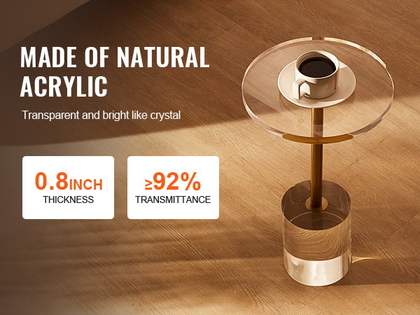 VEVOR acrylic end table, crystal-clear, 0.8 inch thick, 92% light transmittance, modern design.