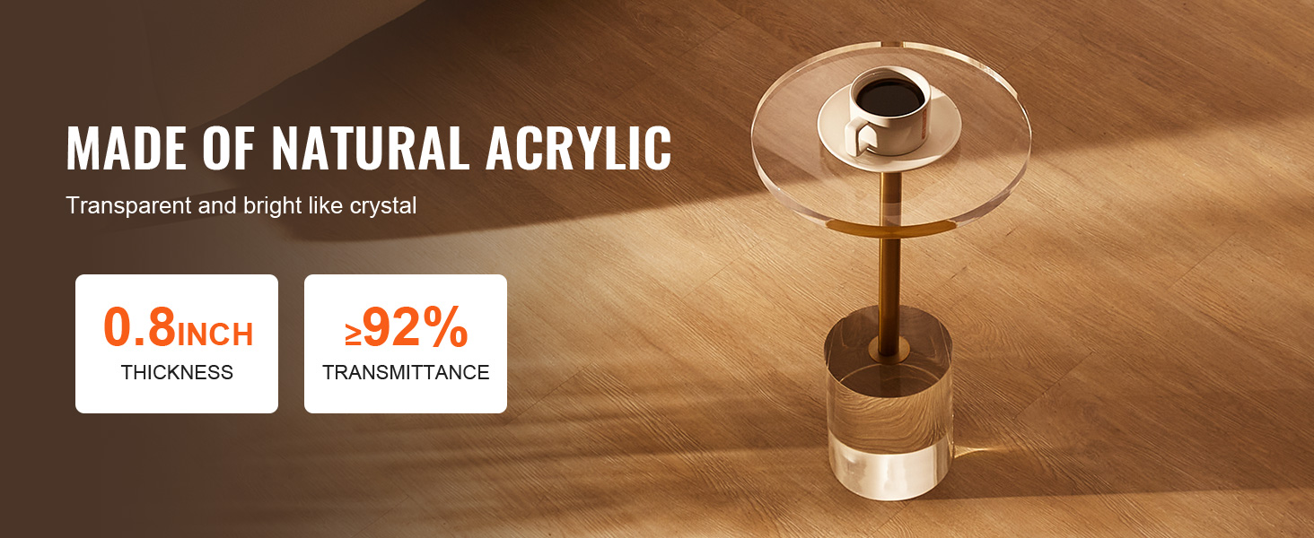 VEVOR acrylic end table, crystal-clear, 0.8 inch thick, 92% light transmittance, modern design.
