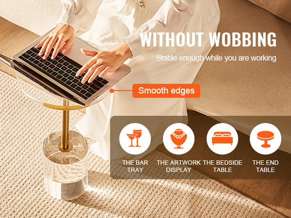 person using a laptop on a stable, smooth-edged VEVOR acrylic end table beside a sofa.