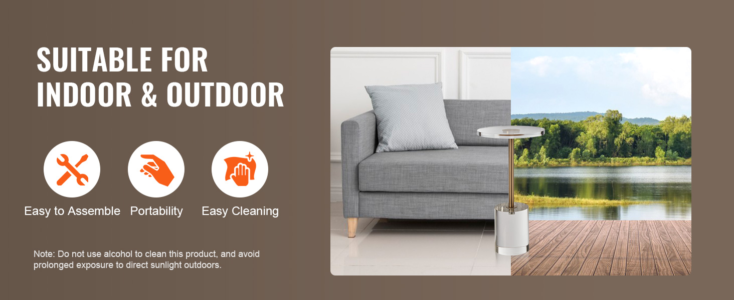 VEVOR acrylic end table for indoor and outdoor use, easy to assemble, portable, and easy to clean.