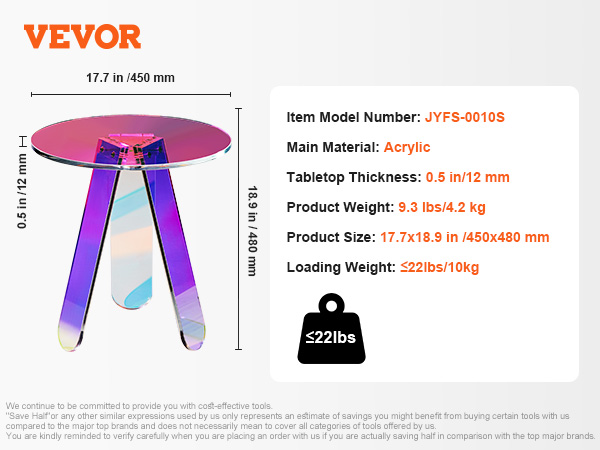 VEVOR iridescent side table, acrylic, 17.7" diameter × 18.9" height, 22 lbs load capacity.