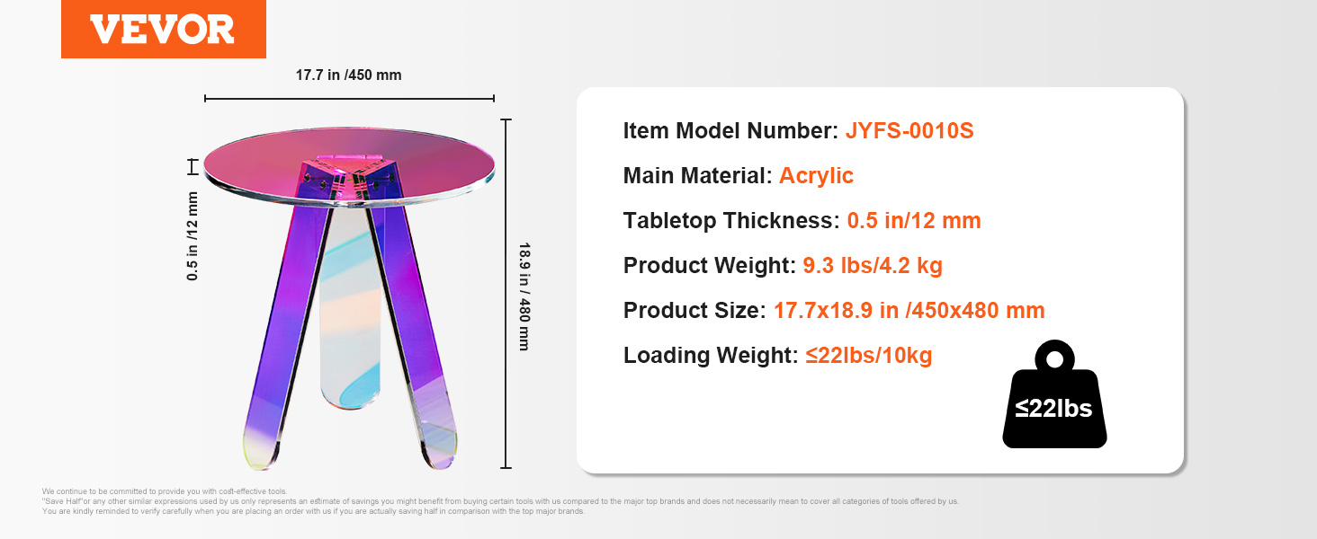 VEVOR iridescent side table, acrylic, 17.7" diameter × 18.9" height, 22 lbs load capacity.