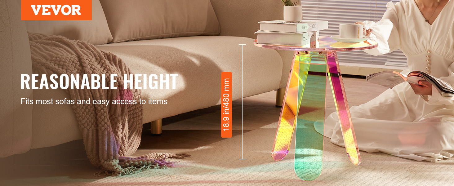 VEVOR iridescent side table next to a beige sofa, suitable height for easy access to items.