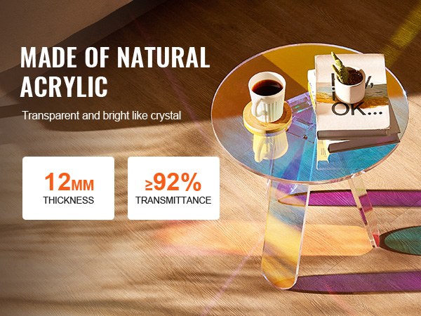 VEVOR iridescent side table made of natural acrylic with a coffee cup, plant, and book on top.
