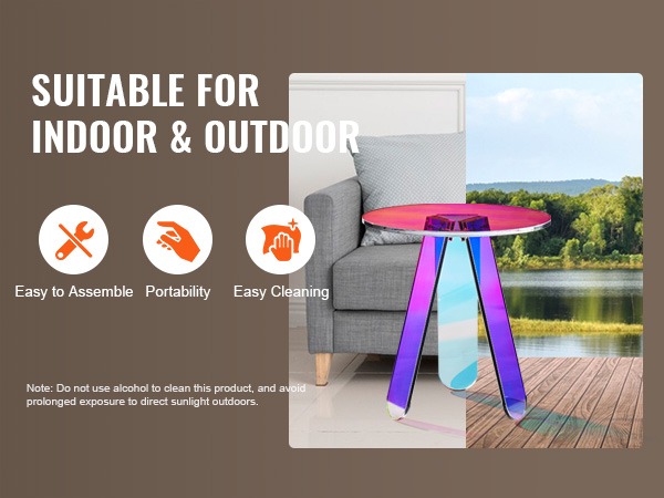 VEVOR iridescent side table displayed indoors beside a sofa and outdoors on a deck by a lake.
