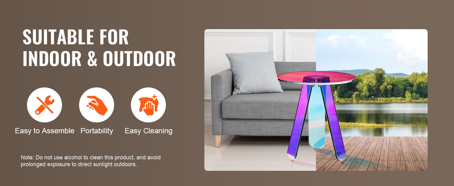 VEVOR iridescent side table displayed indoors beside a sofa and outdoors on a deck by a lake.