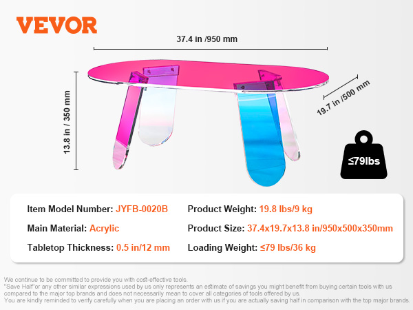 VEVOR acrylic coffee table, 37.4x19.7x13.8 inches, 19.8 lbs, main material acrylic, holds up to 79 lbs.