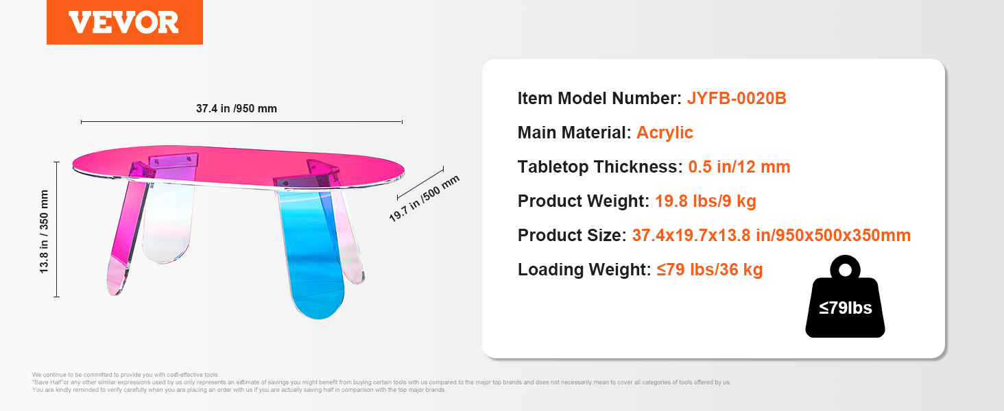 VEVOR acrylic coffee table, 37.4x19.7x13.8 inches, 19.8 lbs, main material acrylic, holds up to 79 lbs.