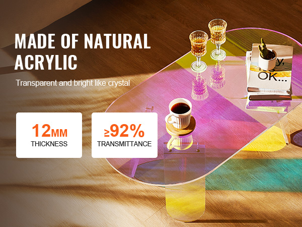 VEVOR acrylic coffee table with books and drinks. natural acrylic, 12mm thick, 92% transmittance.