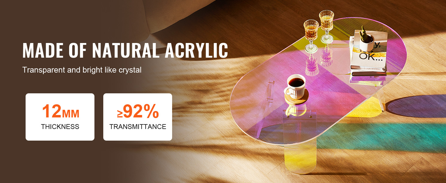 VEVOR acrylic coffee table with books and drinks. natural acrylic, 12mm thick, 92% transmittance.