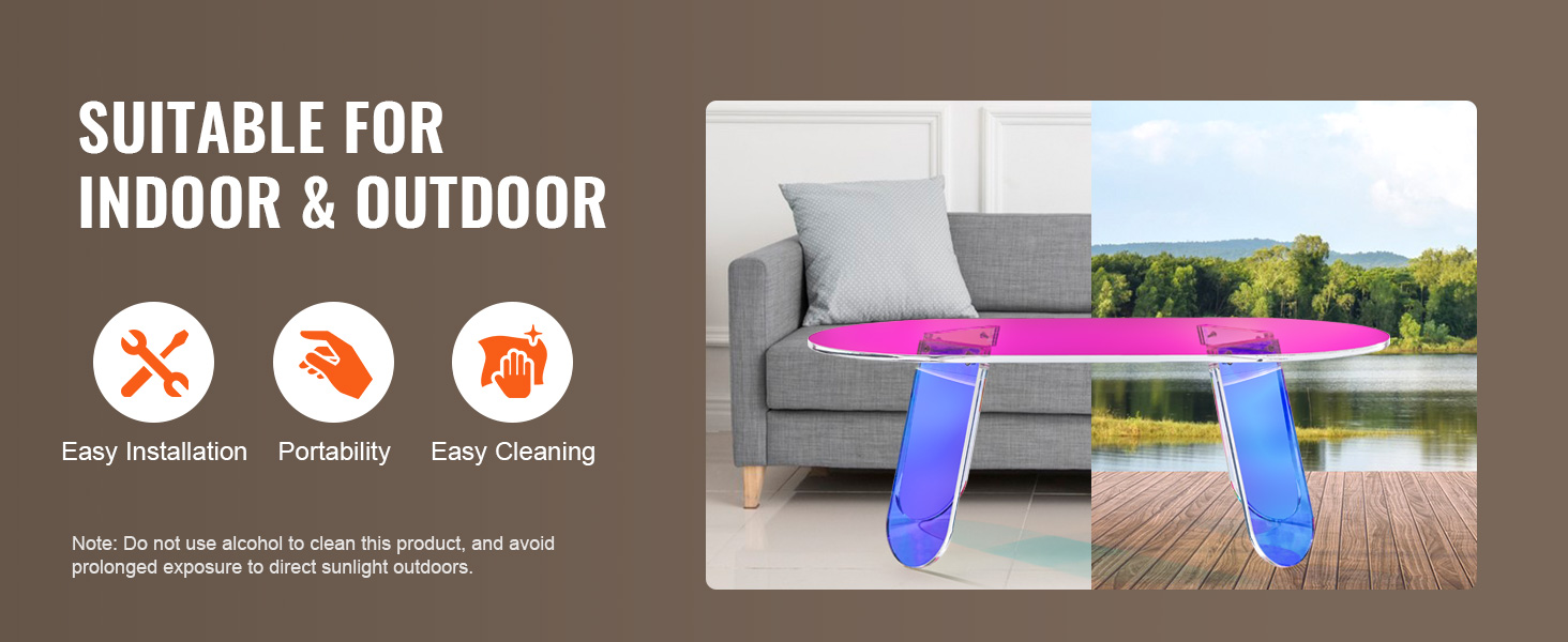 VEVOR acrylic coffee table suitable for indoor and outdoor, easy installation, portable, easy to clean.