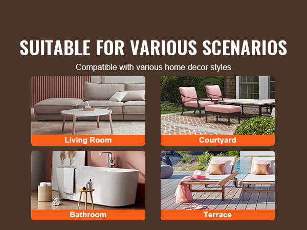 VEVOR acrylic coffee table shown in various settings: living room, courtyard, bathroom, and terrace.