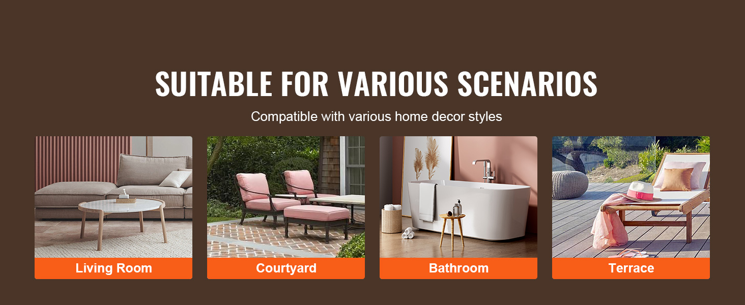 VEVOR acrylic coffee table shown in various settings: living room, courtyard, bathroom, and terrace.