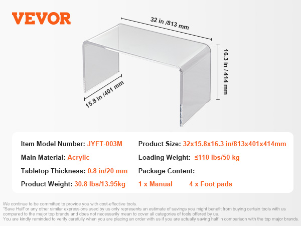 VEVOR acrylic coffee table, 32x15.8x16.3 in, 0.8 in thick, 30.8 lbs weight, clear design.
