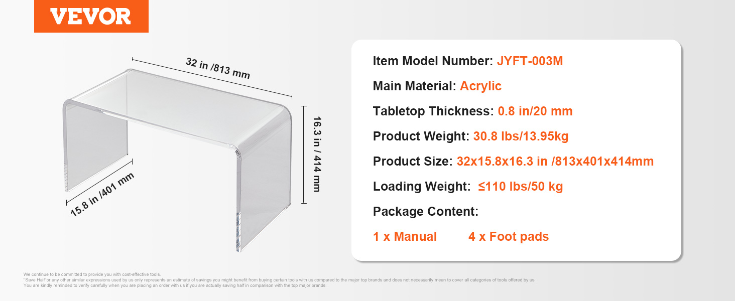 VEVOR acrylic coffee table, 32x15.8x16.3 in, 0.8 in thick, 30.8 lbs weight, clear design.