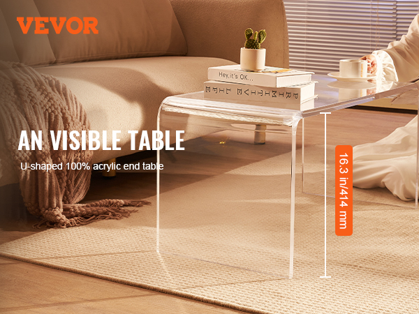 VEVOR acrylic coffee table in a modern living room, paired with a beige sofa, blanket, and decor.