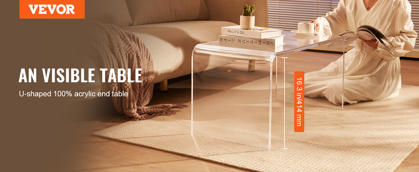 VEVOR acrylic coffee table in a modern living room, paired with a beige sofa, blanket, and decor.