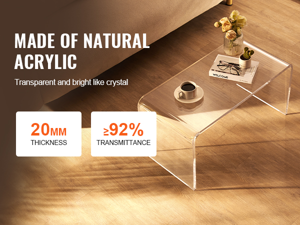 VEVOR acrylic coffee table made of transparent acrylic with 20mm thickness and over 92% transmittance.