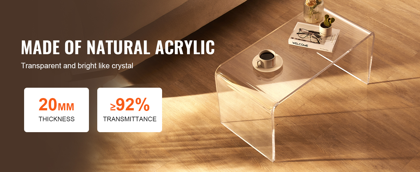 VEVOR acrylic coffee table made of transparent acrylic with 20mm thickness and over 92% transmittance.