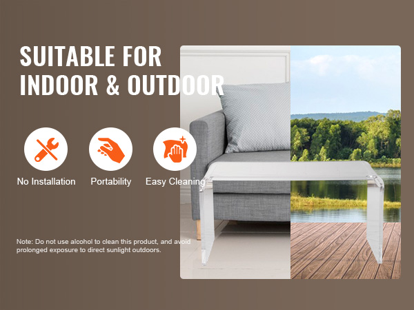 VEVOR acrylic coffee table suitable for indoor and outdoor use, no installation, portable, easy to clean.