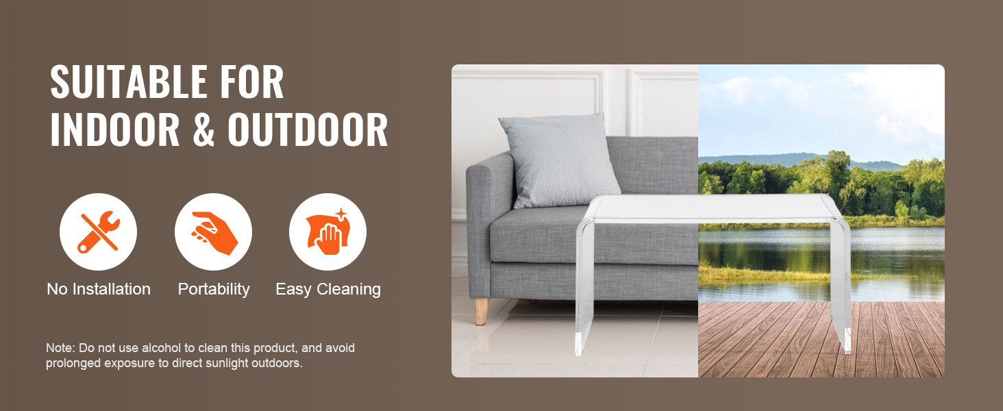 VEVOR acrylic coffee table suitable for indoor and outdoor use, no installation, portable, easy to clean.