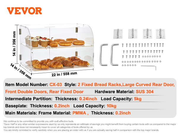 VEVOR pastry display case with 2 bread racks, clear frame, handles, hinges, and screws.