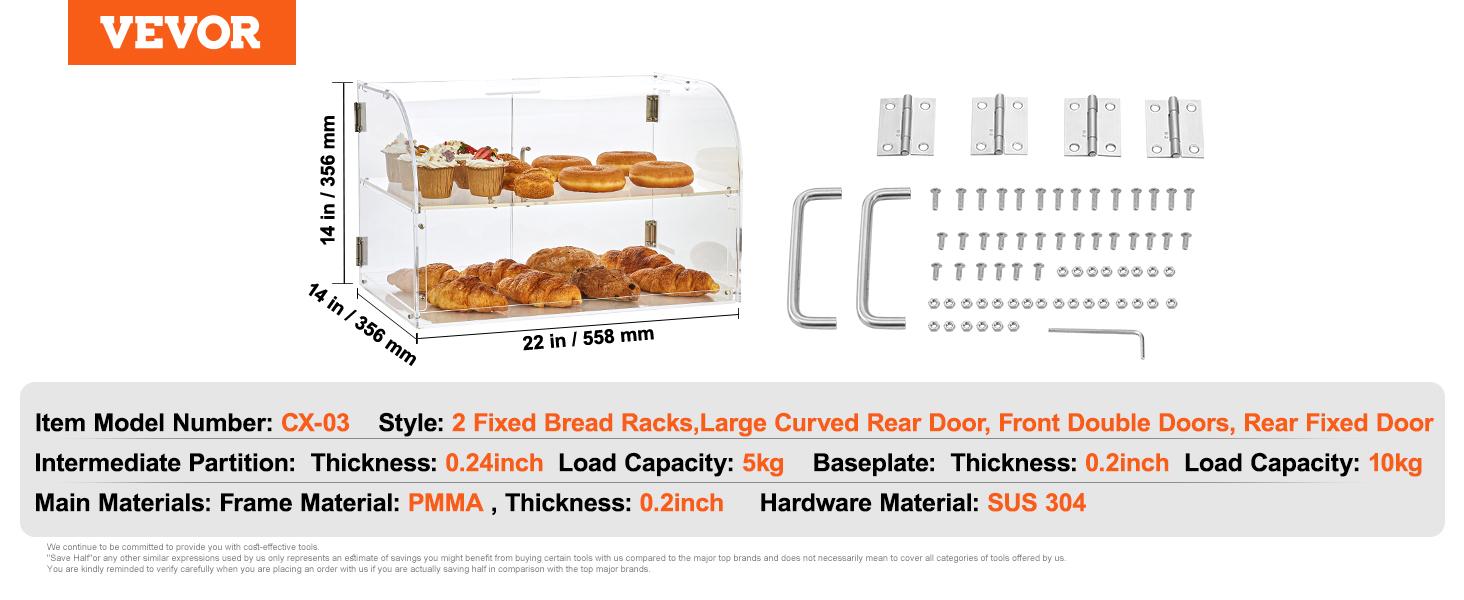VEVOR pastry display case with 2 bread racks, clear frame, handles, hinges, and screws.