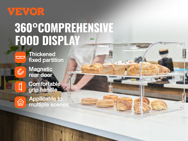 VEVOR pastry display case with fixed partition, magnetic rear door, and comfortable grip handle.