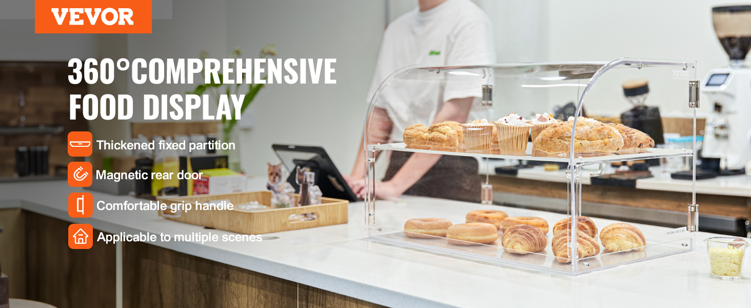 VEVOR pastry display case with fixed partition, magnetic rear door, and comfortable grip handle.