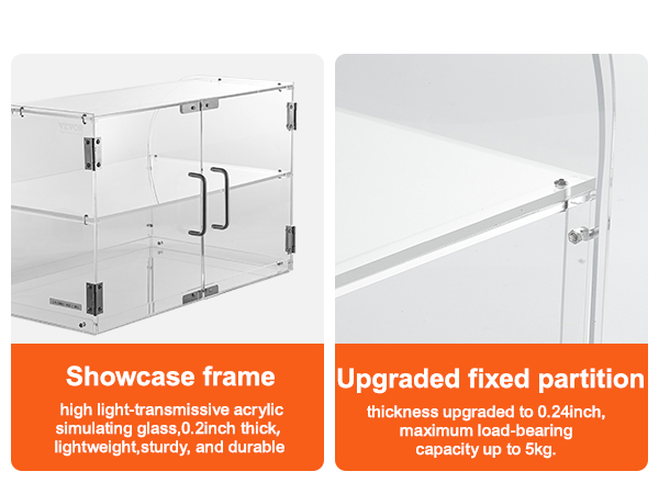 VEVOR pastry display case with acrylic frame, 0.2-inch thickness, and upgraded 0.24-inch partition.