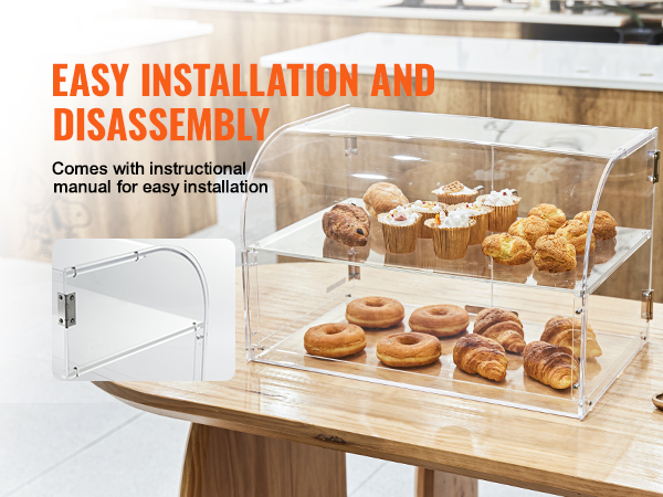 VEVOR pastry display case with double tiers showcasing assorted pastries and text on easy installation.