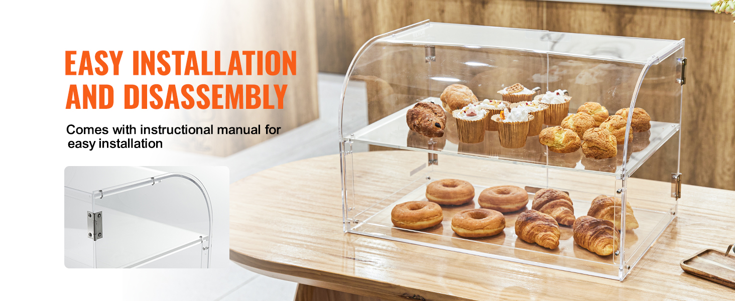 VEVOR pastry display case with double tiers showcasing assorted pastries and text on easy installation.