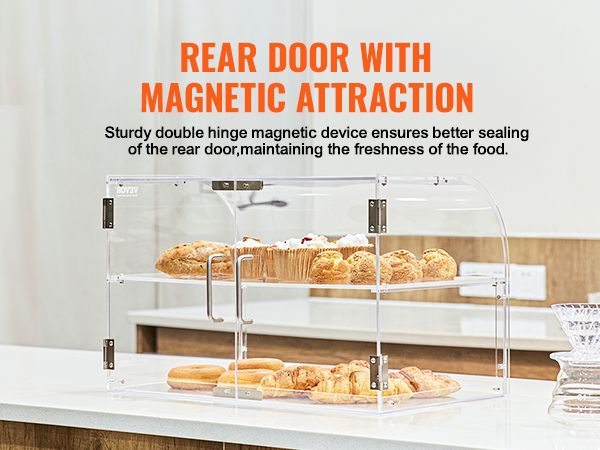 VEVOR pastry display case with magnetic rear door on a kitchen countertop holding pastries.